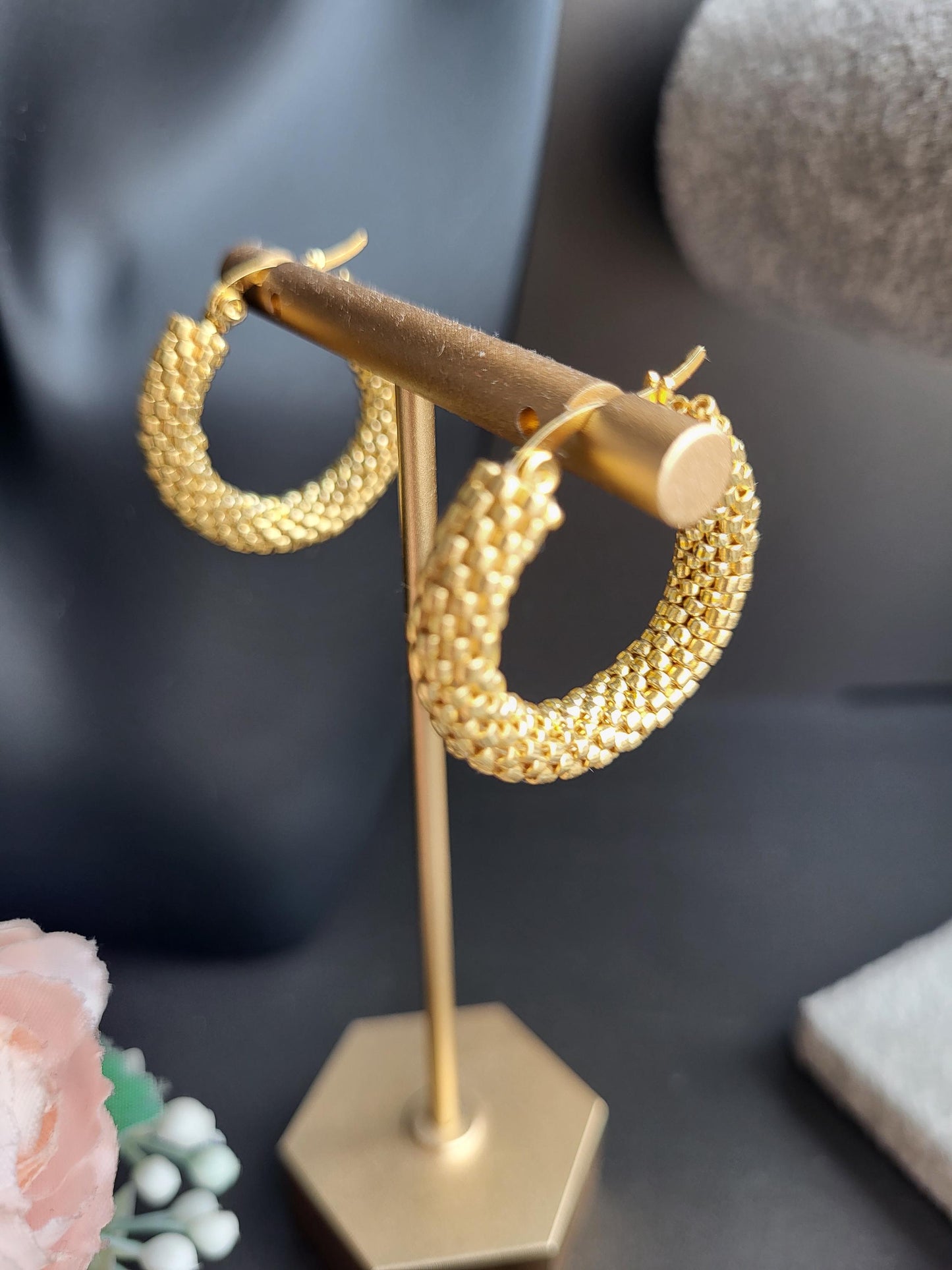 Gold Miyuki Beaded Hoops – Handcrafted Luxury/Artisan Handmade Miyuki Beaded Earrings/Sophisticated Handmade Miyuki Beaded Jewelry