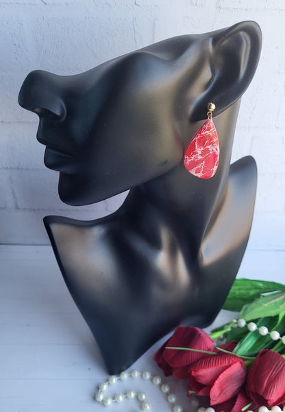 Red Marble Effect Teardrop Polymer Clay Earrings | Handmade Geometric Dangle Earrings | Unique Red Statement Earrings | Teardrop Earrings