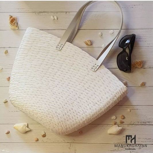 KNITTED SHOULDER BAG | Artisan Craft Bag | White Sea Bag | Coastal Living Bag | Bamboo Material Natural Raphia Sea Inspired Tote Bag