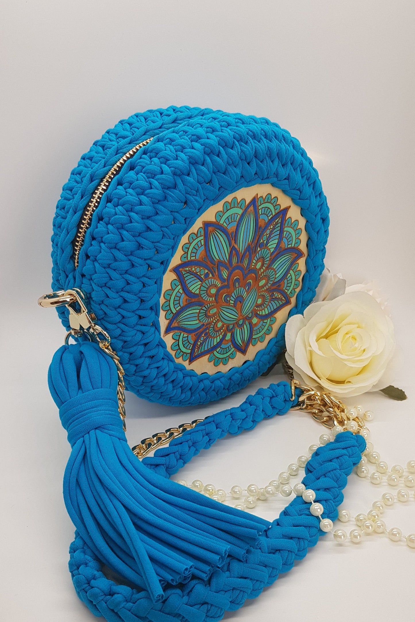 Handmade Turquoise Knitted Bag | Wooden Painted Mural Decor | 18x8 cm with Cotton Lining and Pocket | Fabric & Chain Handle | Women's Bag