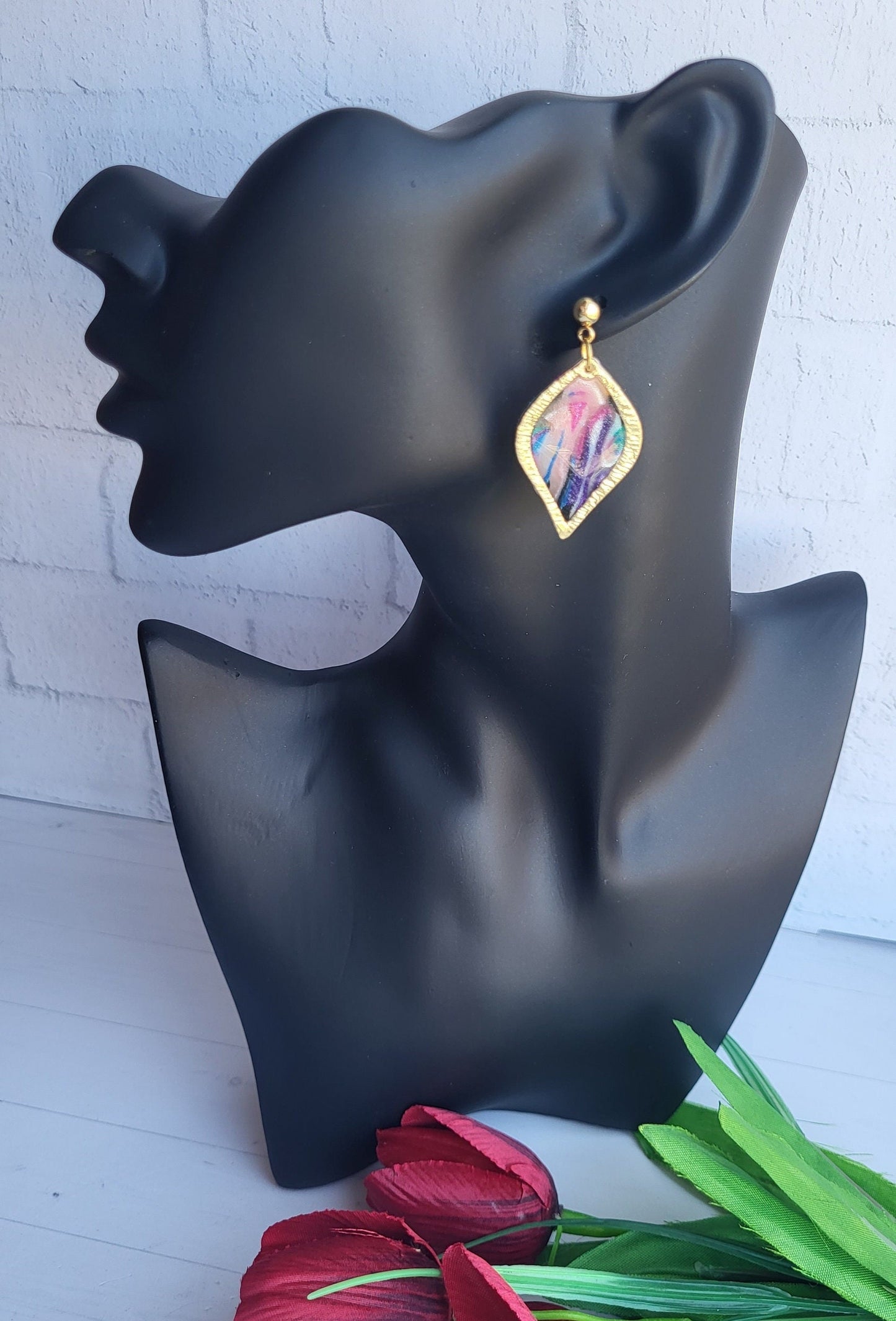 Gold-Edged Clay Earrings for Women/Gold-Frame Statement Earrings/Colorful Polymer Clay Statement Earrings/Elegant Artisan Polymer Earrings