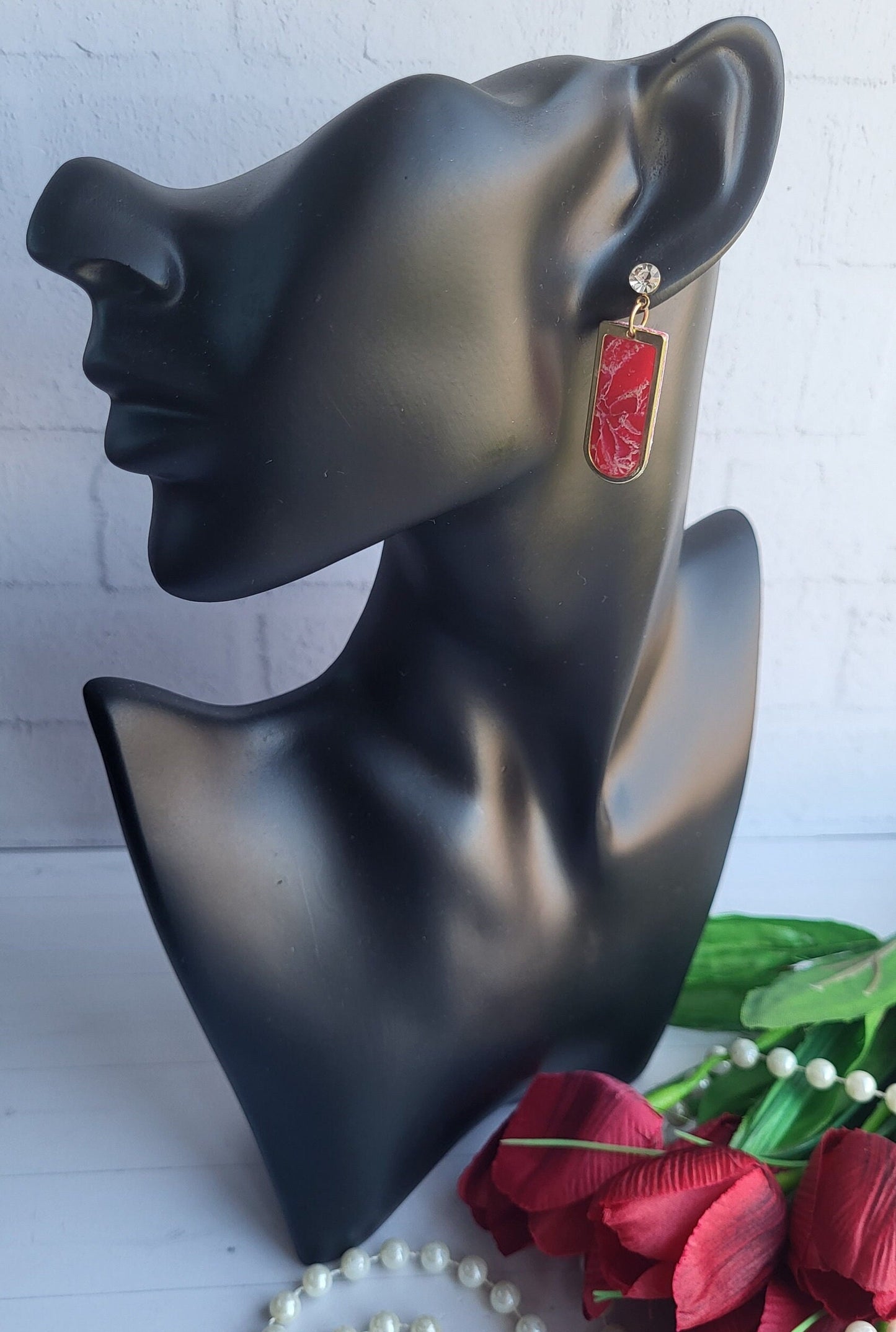 Elegant Rectangular Earrings with Marble Texture and Gold Frame/Contemporary Polymer Clay Earrings with Gold and Marble Finish
