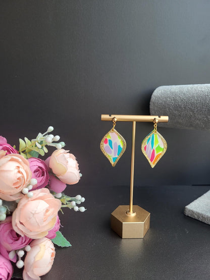 Vibrant Mosaic Leaf Polymer Clay Earrings/Handmade Colorful Leaf Drop Earrings/Multicolor Artistic Leaf Earrings