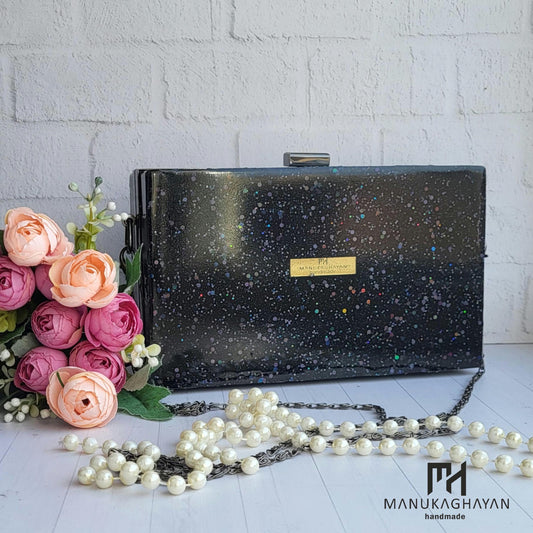Speckled Black Epoxy Resin Clutch | Handcrafted Luxury Evening Bag | Galaxy-like Bridal Party Purse | Statement Purse for Weddings Clutch