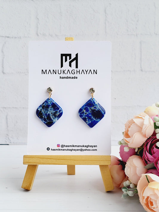 Stylish Square Earrings with Glossy Blue and White Marble Finish/Sleek Square Earrings with Glossy Blue Marble Accents