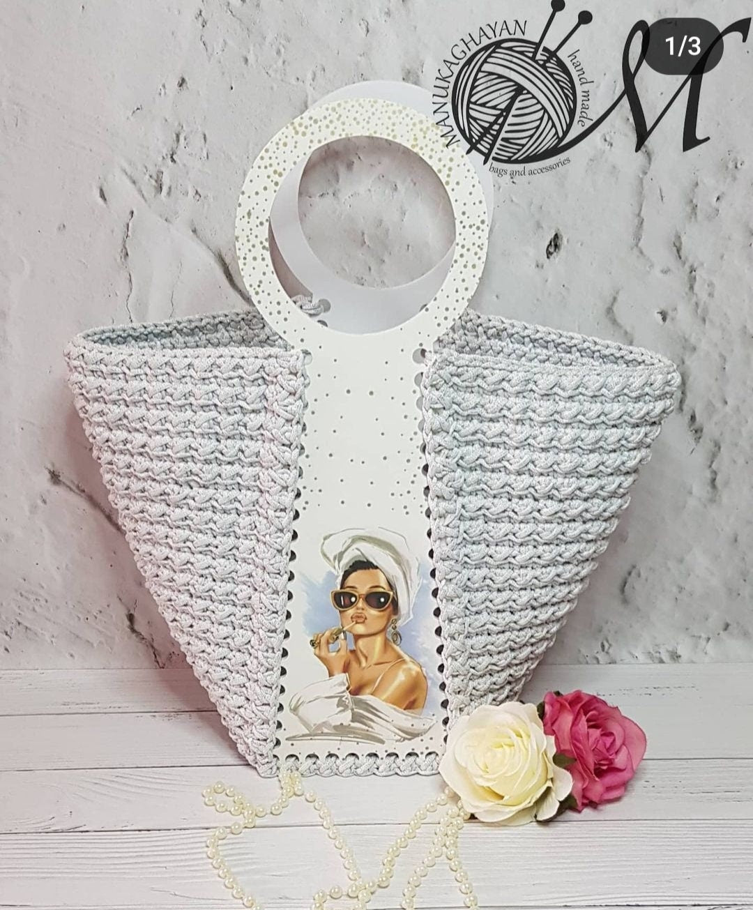 ELEGANT KNITTED BAG | Knitted Thread Bag | Handmade White Bag | Womens Designer Bag | White Polyester Plastic Printed Handmade Tote Bag