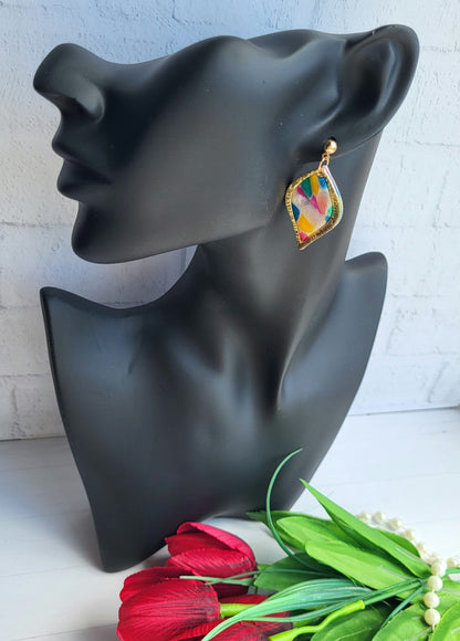 Handmade Multicolored Teardrop Polymer Clay Earrings with Gold Frame/Unique Handmade Earrings with Artistic Multicolor Motif
