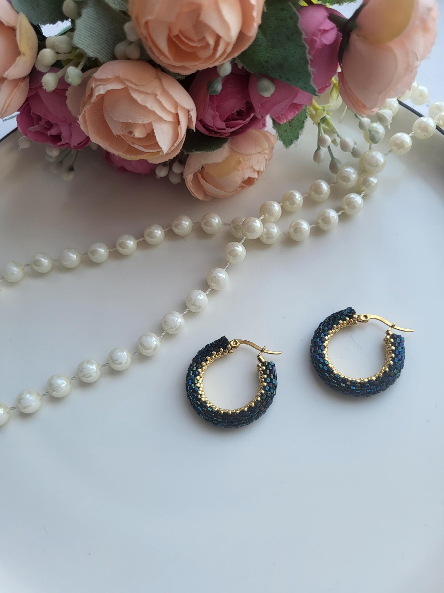 Elegant Greenish-Blue & Gold Miyuki Beaded Hoop Earrings/Chic Beaded Hoop Earrings – Greenish-Blue  and  Gold Miyuki Beads