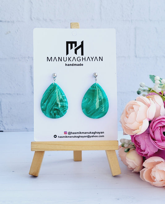 Unique Teardrop Earrings in Vibrant Green/Modern Marbled Green Teardrop Jewelry/Vivid Green Marbled Teardrop Dangle Earrings