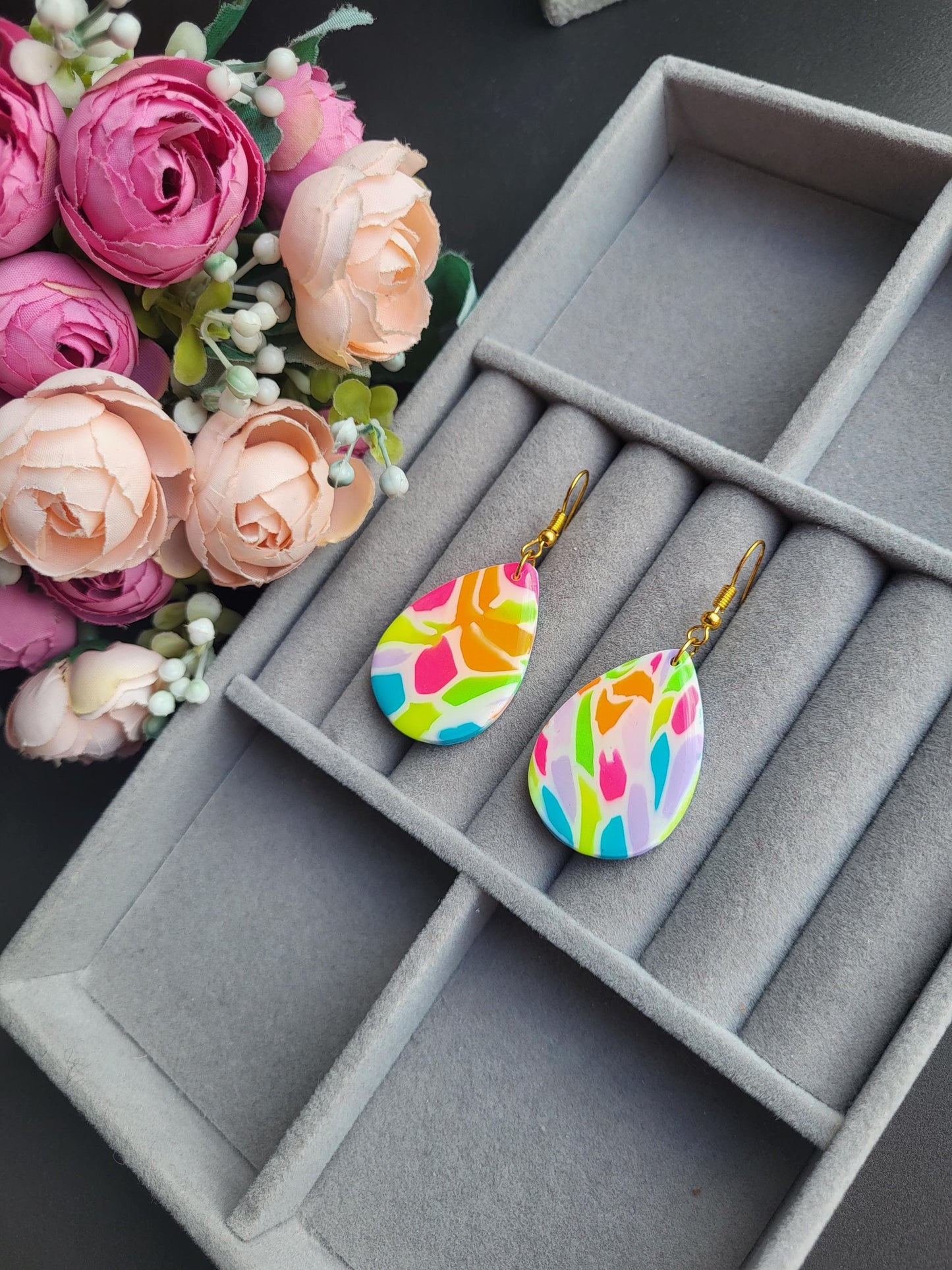 Colorful Handmade Polymer Clay Teardrop Earrings/Vibrant Abstract Polymer Clay Earrings/Handcrafted Color Splash Clay Earrings