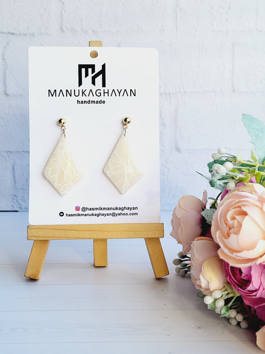 Delicate Geometric Polymer Clay Earrings with Floral Engraving/Elegant Diamond-Shaped Polymer Clay Jewelry with Minimalist Design