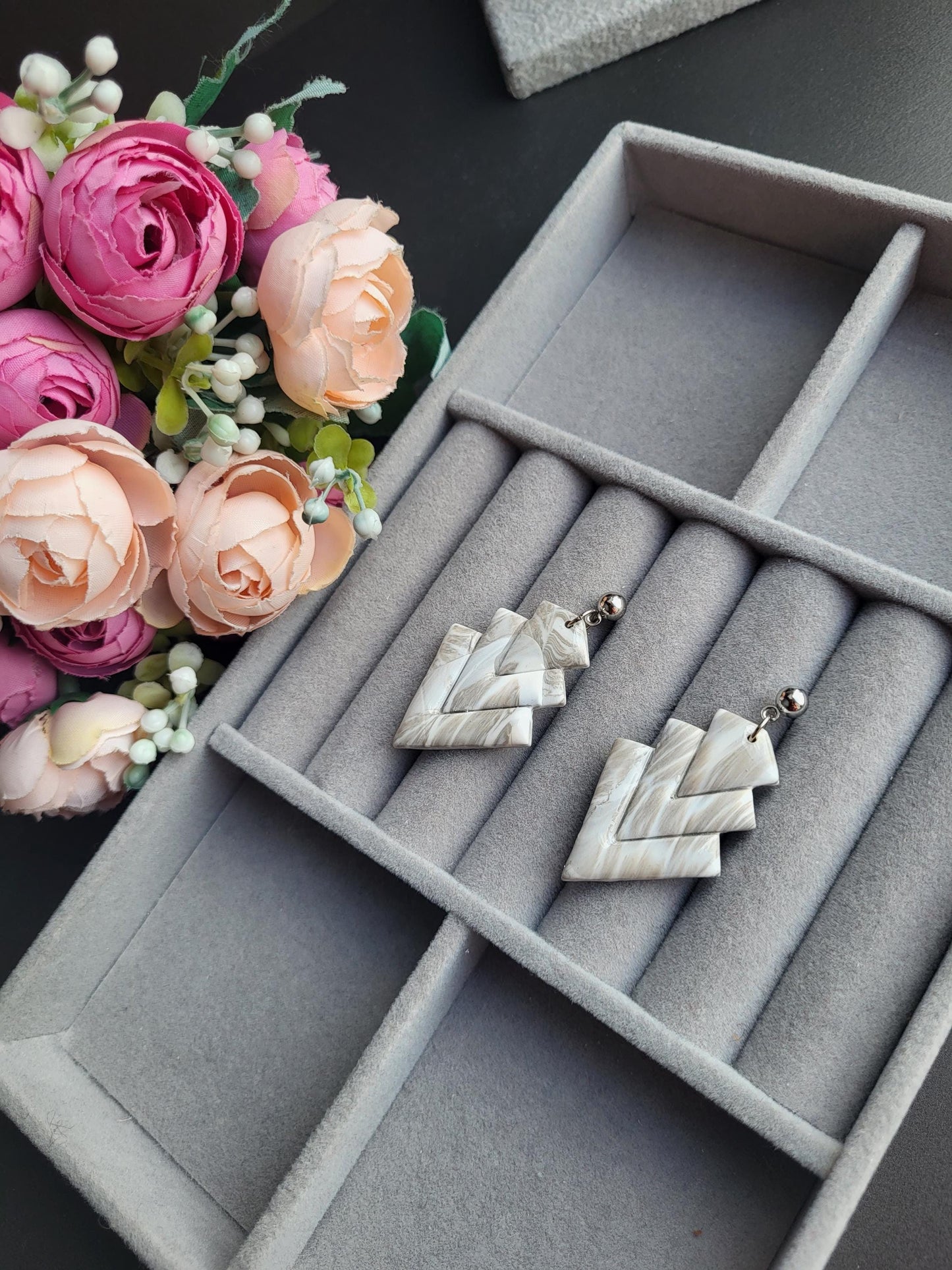 Minimalist Statement Earrings in Neutral Tones/Layered Perfection: Handmade Polymer Clay Earrings