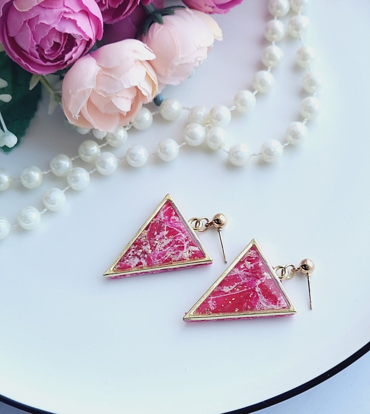 Marble Glamour Red Triangle Earrings | Hand Carved Polymer Clay | Red Marble Dangle Earrings | Handmade Triangle Earrings for Women