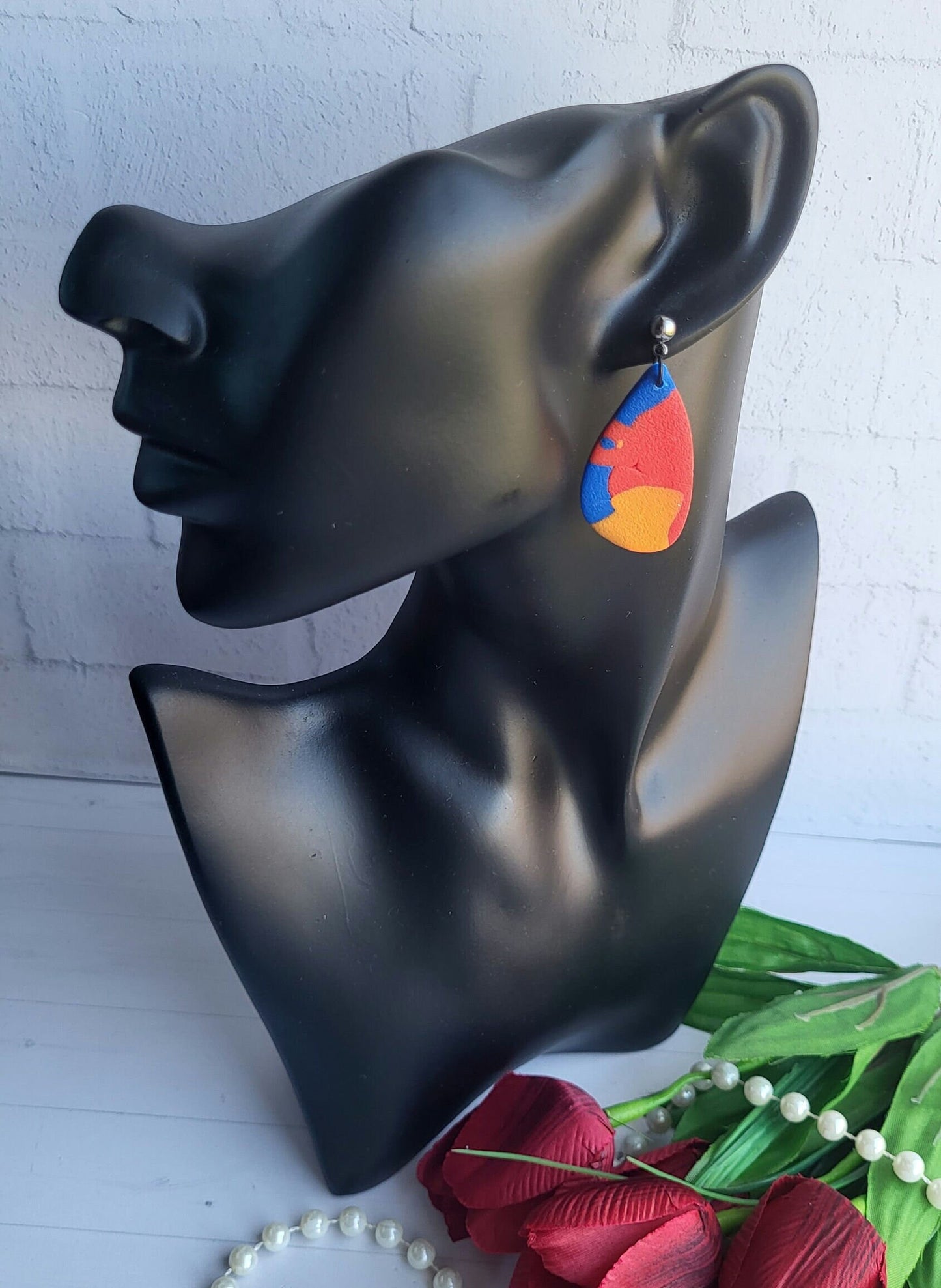 Abstract Colorful Drop Earrings/Statement Art Polymer Earrings/Modern Red and Blue Clay Earrings/