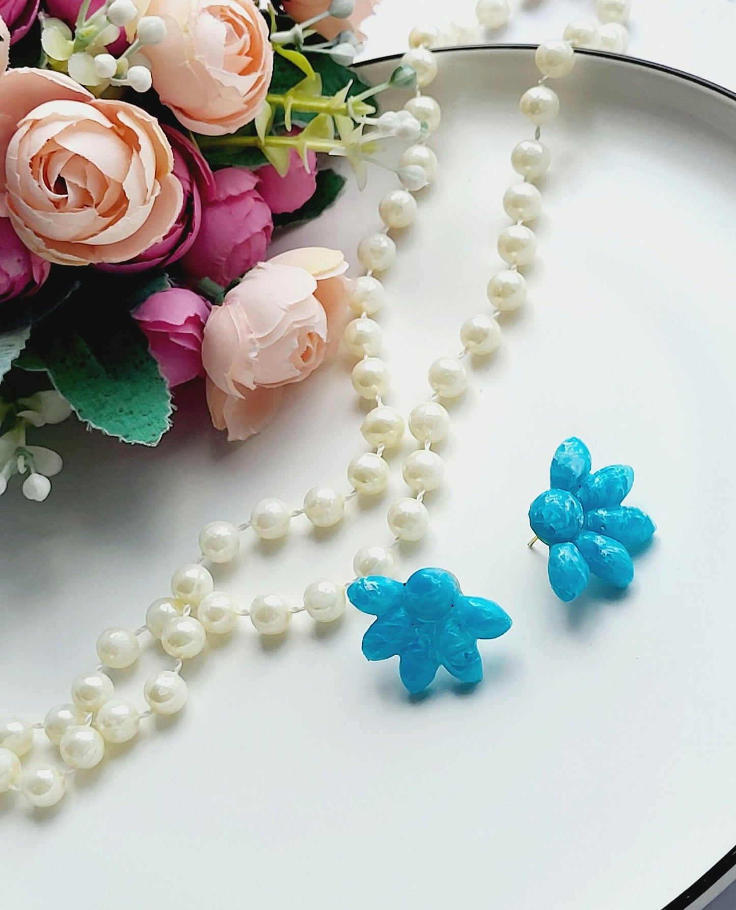 Bold and Bright Floral Earrings in Glossy Blue/Unique Blue Flower Earrings Crafted from Polymer Clay