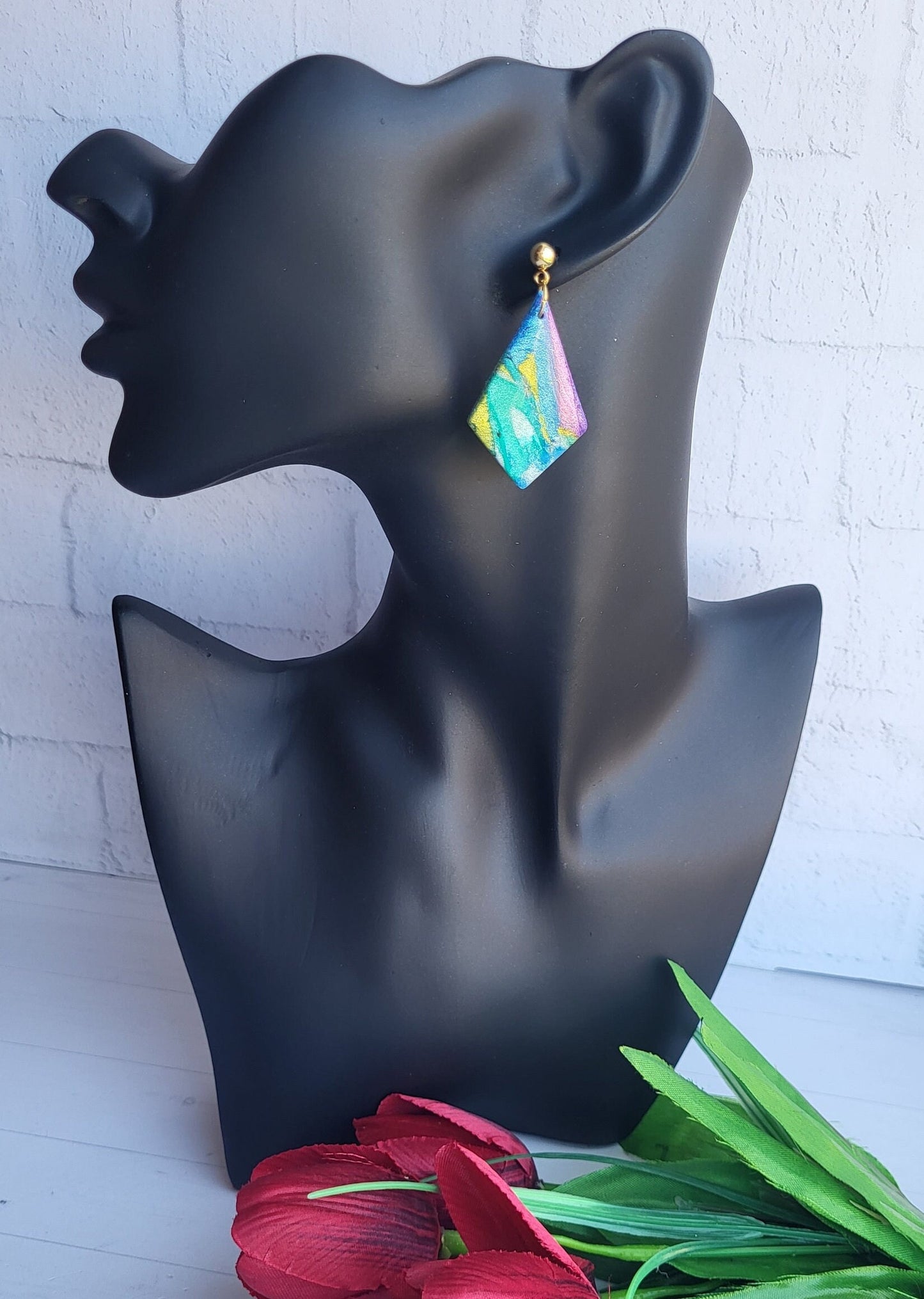 Abstract Geometric Earrings/Colorful Clay Diamonds/Handmade Artisan Jewelry/Multi-Hued Statement Dangles