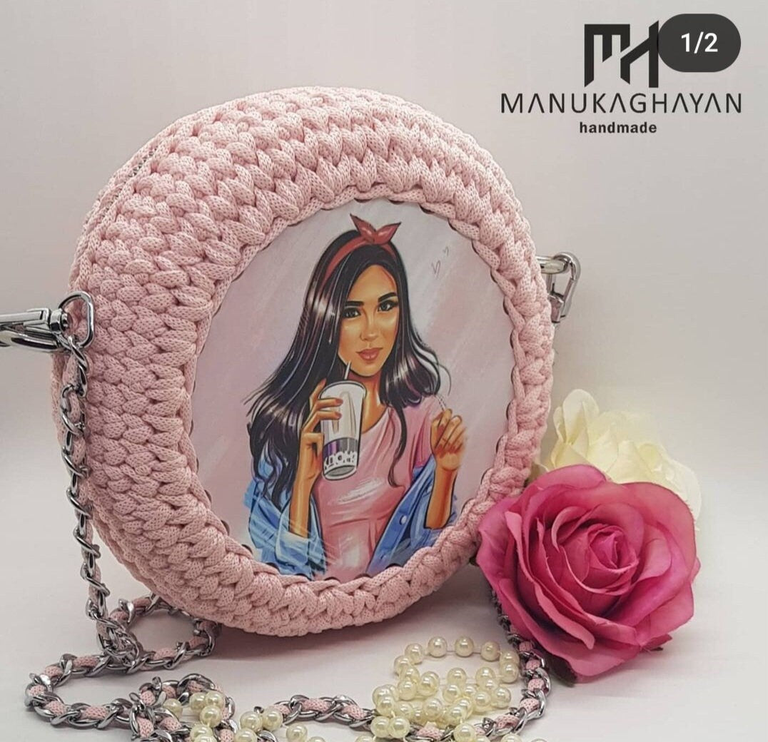 Handmade Pink Knitted Bag with Plastic Printed Mural | Chain & Fabric Handle | 18X8cm | Cotton Lining Pocket | Unique Boho Chic Bag
