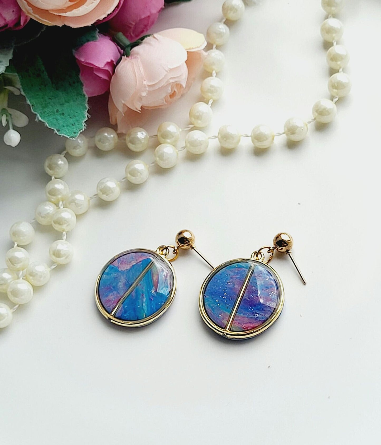 Handmade Abstract Polymer Clay Drop Earrings with Gold Accent/Unique Colorful Polymer Clay Earrings with Minimalist Gold Line