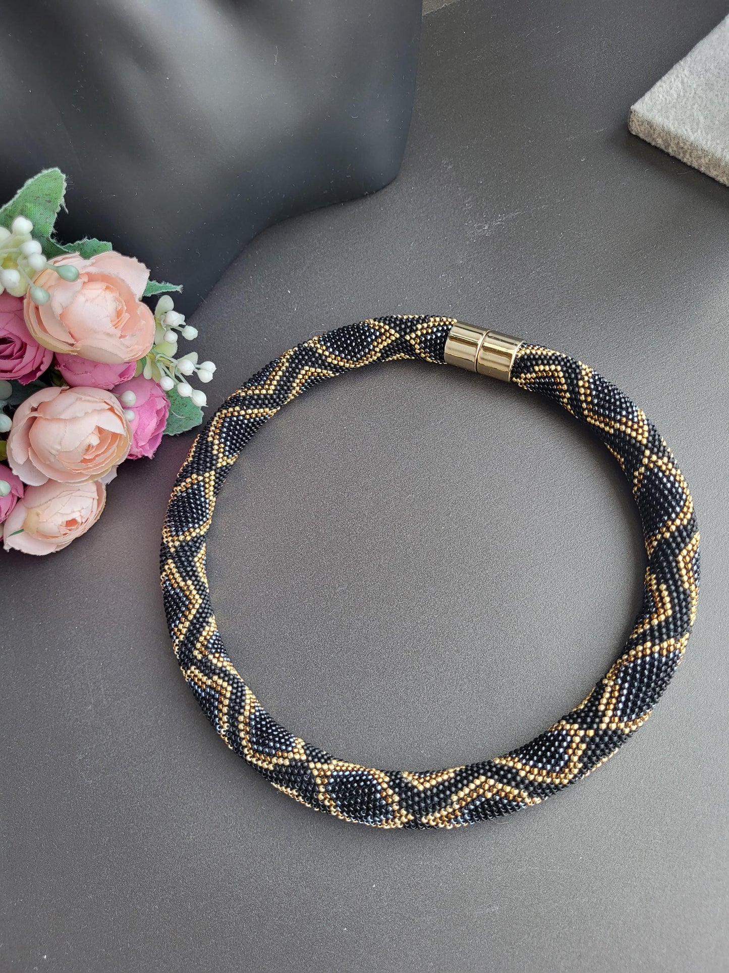 Elegant Beaded Rope Necklace – TOHO Beads in Black and Gold/Luxurious Handmade TOHO Necklace – Black, Bronze and  Gray Tones