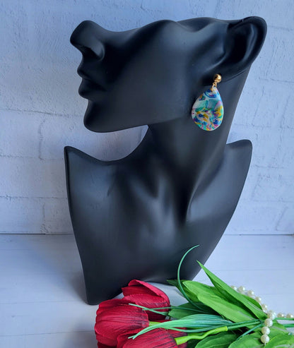 Shimmering Abstract Teardrop Clay Earrings/Handmade Multicolor Teardrop Earrings/Unique Abstract Design Clay Earrings