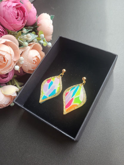 Vibrant Mosaic Leaf Polymer Clay Earrings/Handmade Colorful Leaf Drop Earrings/Multicolor Artistic Leaf Earrings