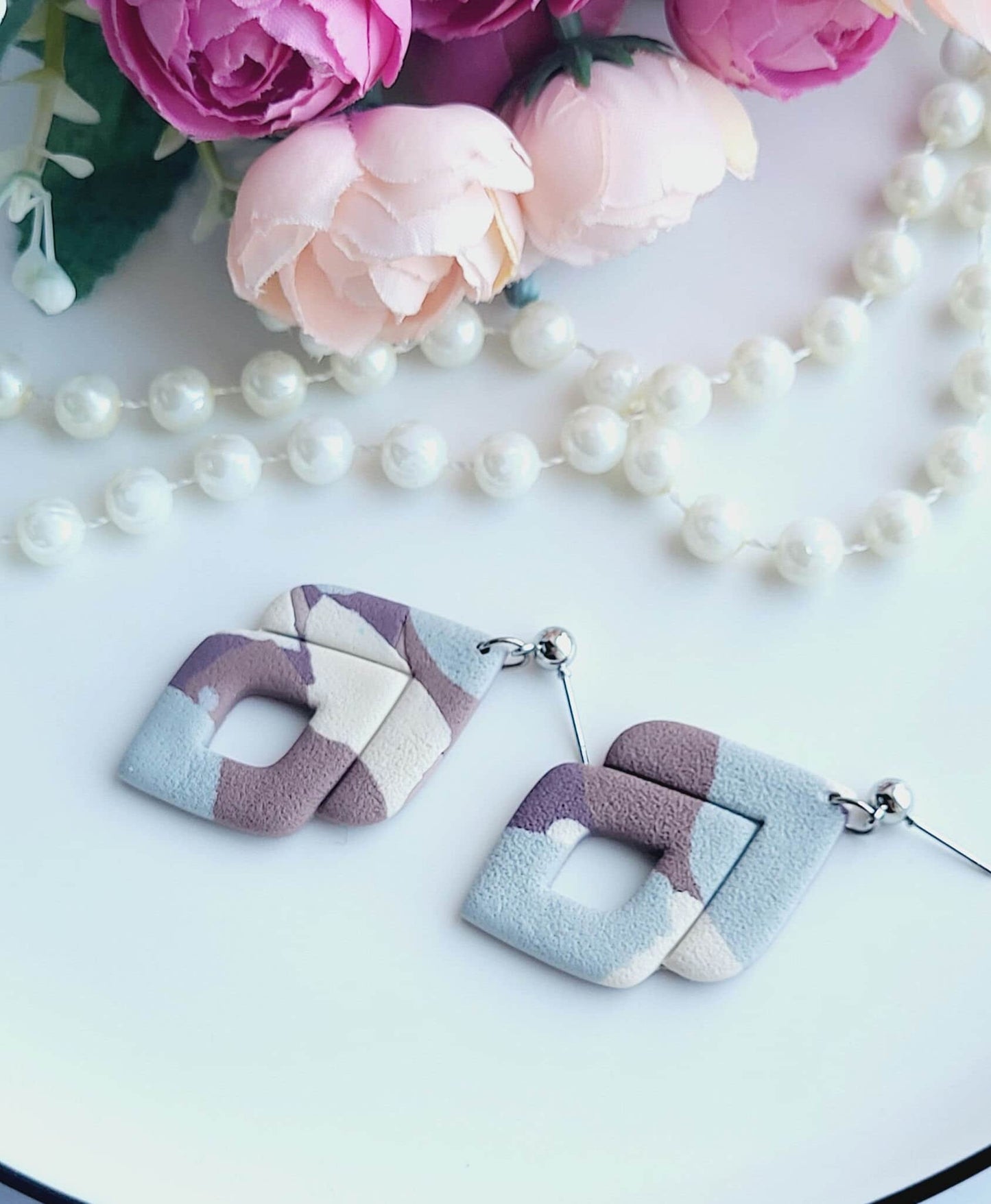 Abstract Geometric Polymer Clay Earrings/Handmade Pastel Drop Earrings/Stylish Neutral-Toned Earrings/Subtle Color Block Earrings