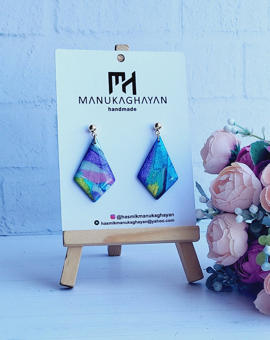 Abstract Diamond Drop Earrings/Geometric Blue Polymer Clay Earrings/Handcrafted Colorful Statement Earrings