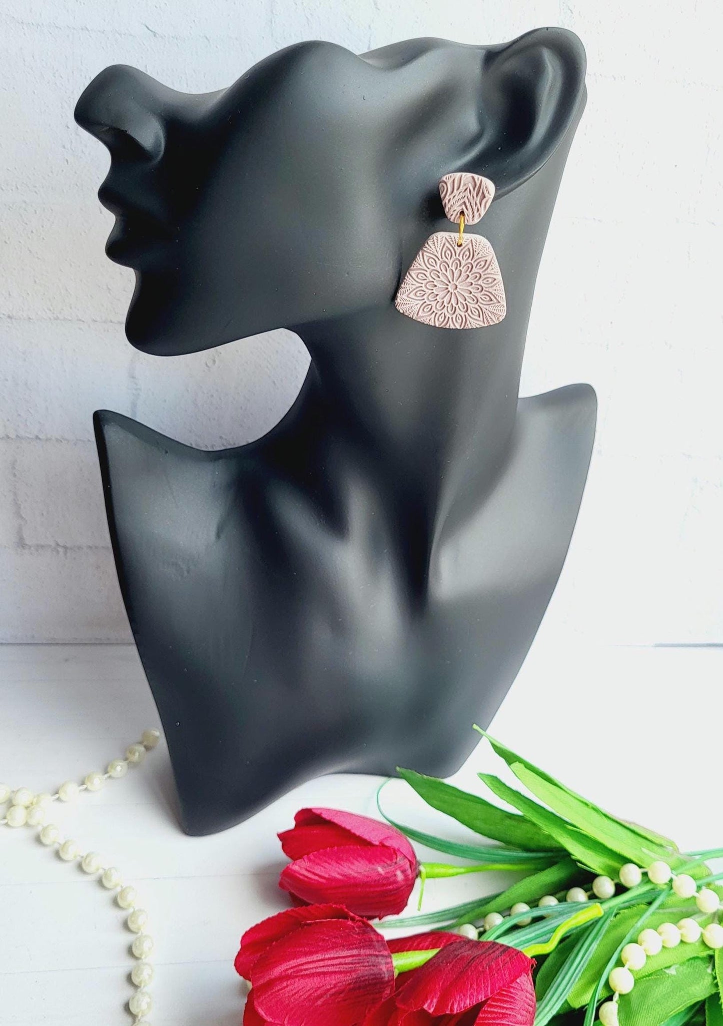 Earthy Mauve Floral Mandala Earrings | Embossed Detail Yoga Earrings | Handmade Floral Statement Jewelry | Nature-Inspired Clay Earrings
