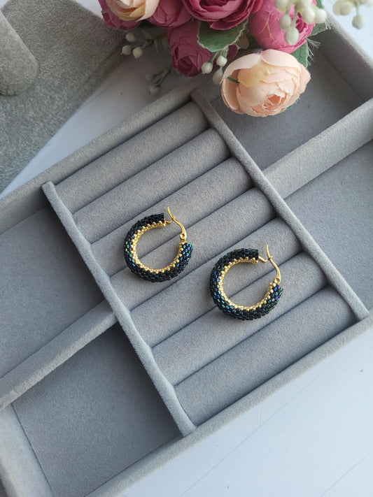 Elegant Greenish-Blue & Gold Miyuki Beaded Hoop Earrings/Chic Beaded Hoop Earrings – Greenish-Blue  and  Gold Miyuki Beads