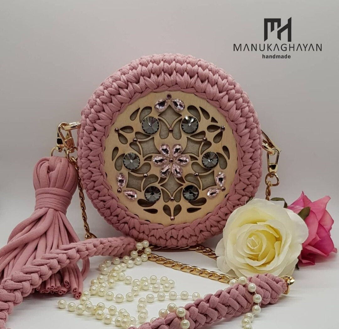 Handmade Knitted Bag with Wooden & Stone Decor | Chain  Fabric Handle | Cotton Lining Pocket | Stylish Boho Bag | Unique Handmade Purse