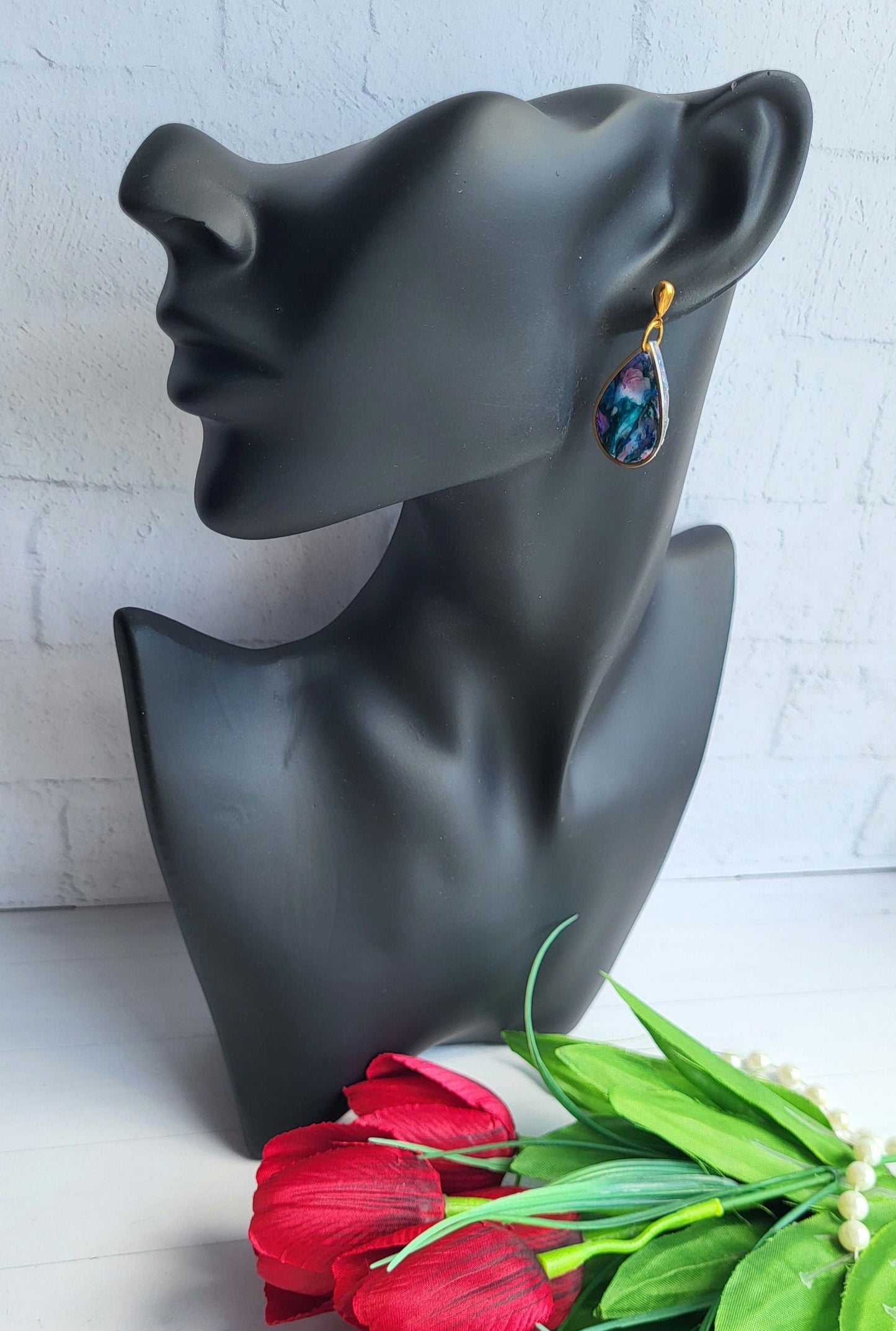 Elegant Teardrop Polymer Clay Earrings with Cosmic Colors/Stylish Gold-Framed Teardrop Polymer Clay Earrings/