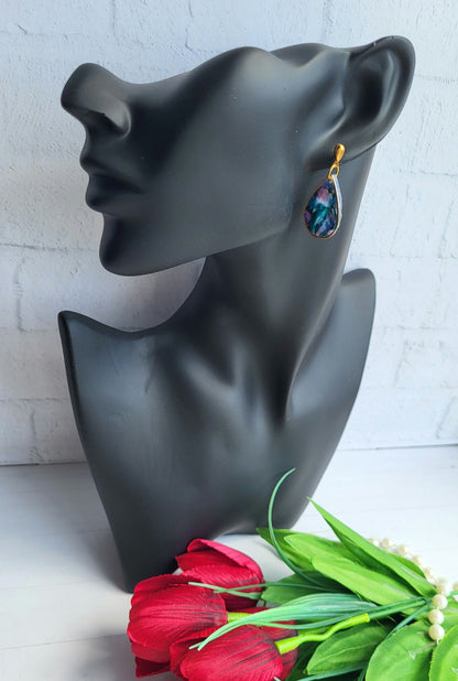 Elegant Teardrop Polymer Clay Earrings with Cosmic Colors/Stylish Gold-Framed Teardrop Polymer Clay Earrings/