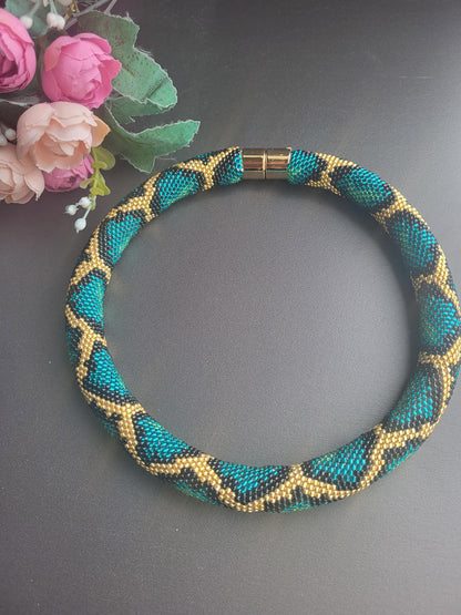 Handmade Beaded Snake Necklace – Gold, Black and  Azure Tones, Statement Jewelry, Tube Beadwork Choker