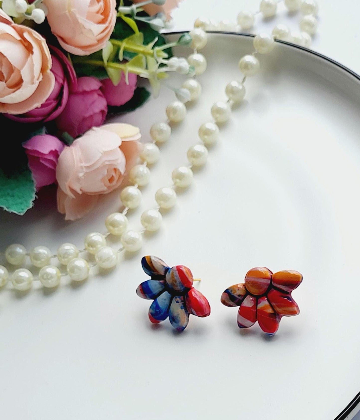 Handmade Floral Polymer Clay Earrings in Warm Tones/Unique Flower-Inspired Earrings with Red and Blue Petals