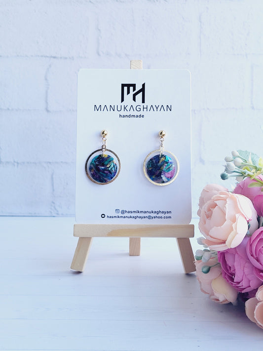 Lightweight Multicolor Earrings with Artistic Gold-Framed Finish/Statement Round Earrings Featuring Glossy Multicolor Patterns