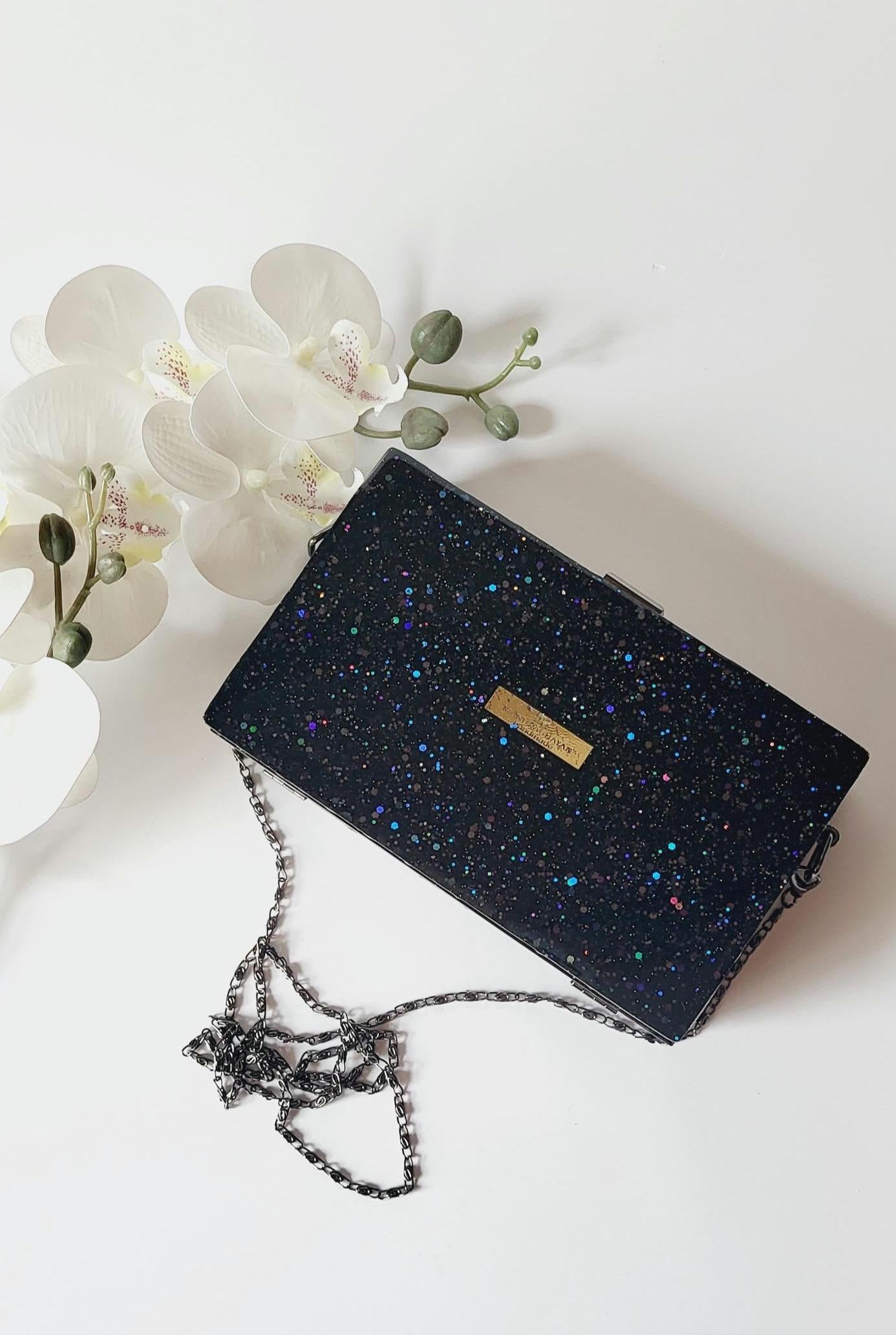 Speckled Black Epoxy Resin Clutch | Handcrafted Luxury Evening Bag | Galaxy-like Bridal Party Purse | Statement Purse for Weddings Clutch