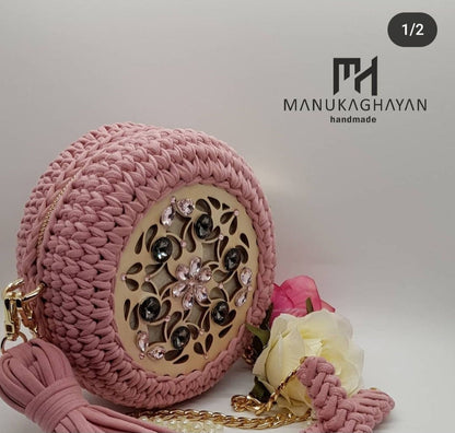 Handmade Knitted Bag with Wooden & Stone Decor | Chain  Fabric Handle | Cotton Lining Pocket | Stylish Boho Bag | Unique Handmade Purse
