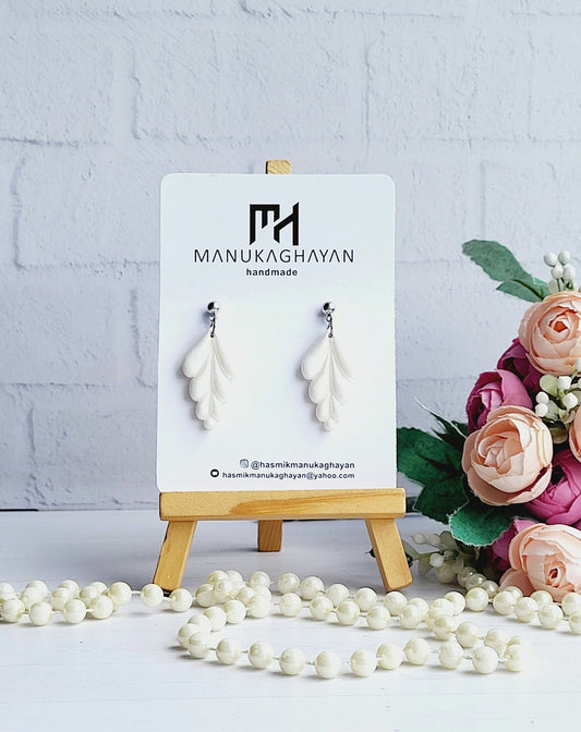 Elegant White Feather Polymer Clay Earrings/Handmade Shimmering Feather Earrings/White Textured Drop Earrings