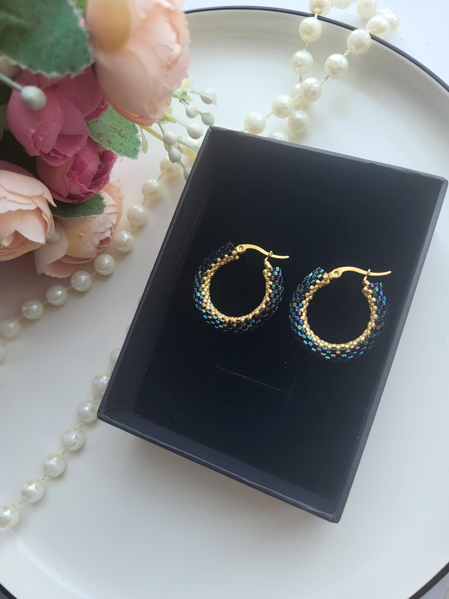 Elegant Greenish-Blue & Gold Miyuki Beaded Hoop Earrings/Chic Beaded Hoop Earrings – Greenish-Blue  and  Gold Miyuki Beads
