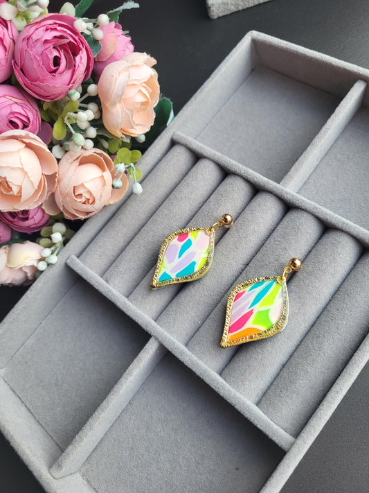 Vibrant Mosaic Leaf Polymer Clay Earrings/Handmade Colorful Leaf Drop Earrings/Multicolor Artistic Leaf Earrings