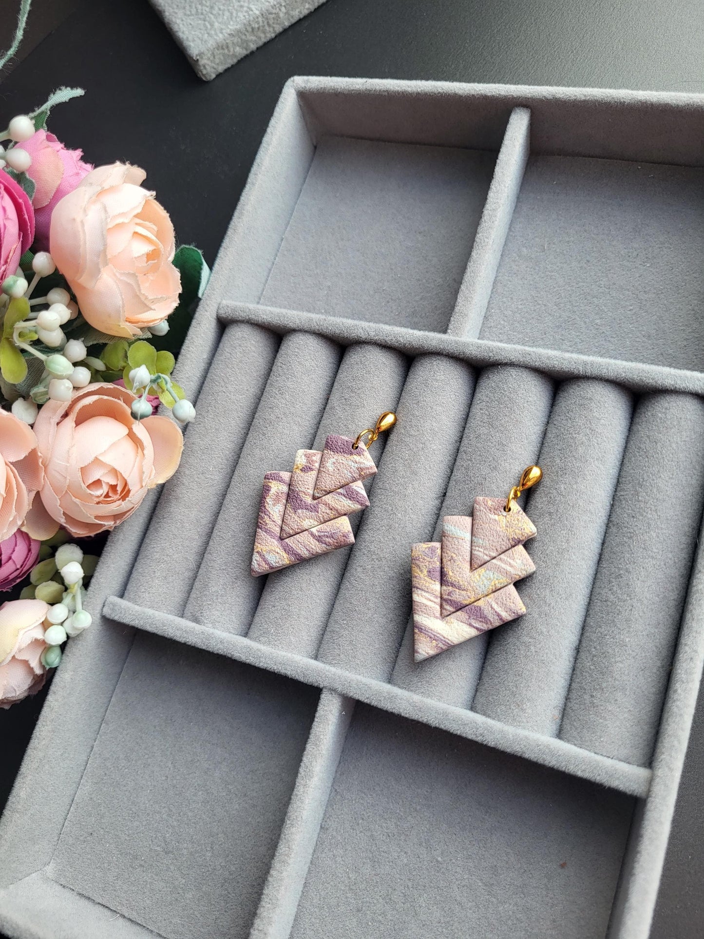 Geometric Chevron Clay Earrings – Handmade Statement Jewelry/Textured Polymer Clay Earrings – Modern Boho Style/Layered Chevron Earrings – Handmade Minimalist Jewelry