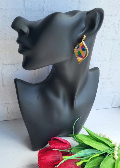 Handmade Multicolored Teardrop Polymer Clay Earrings with Gold Frame/Unique Handmade Earrings with Artistic Multicolor Motif