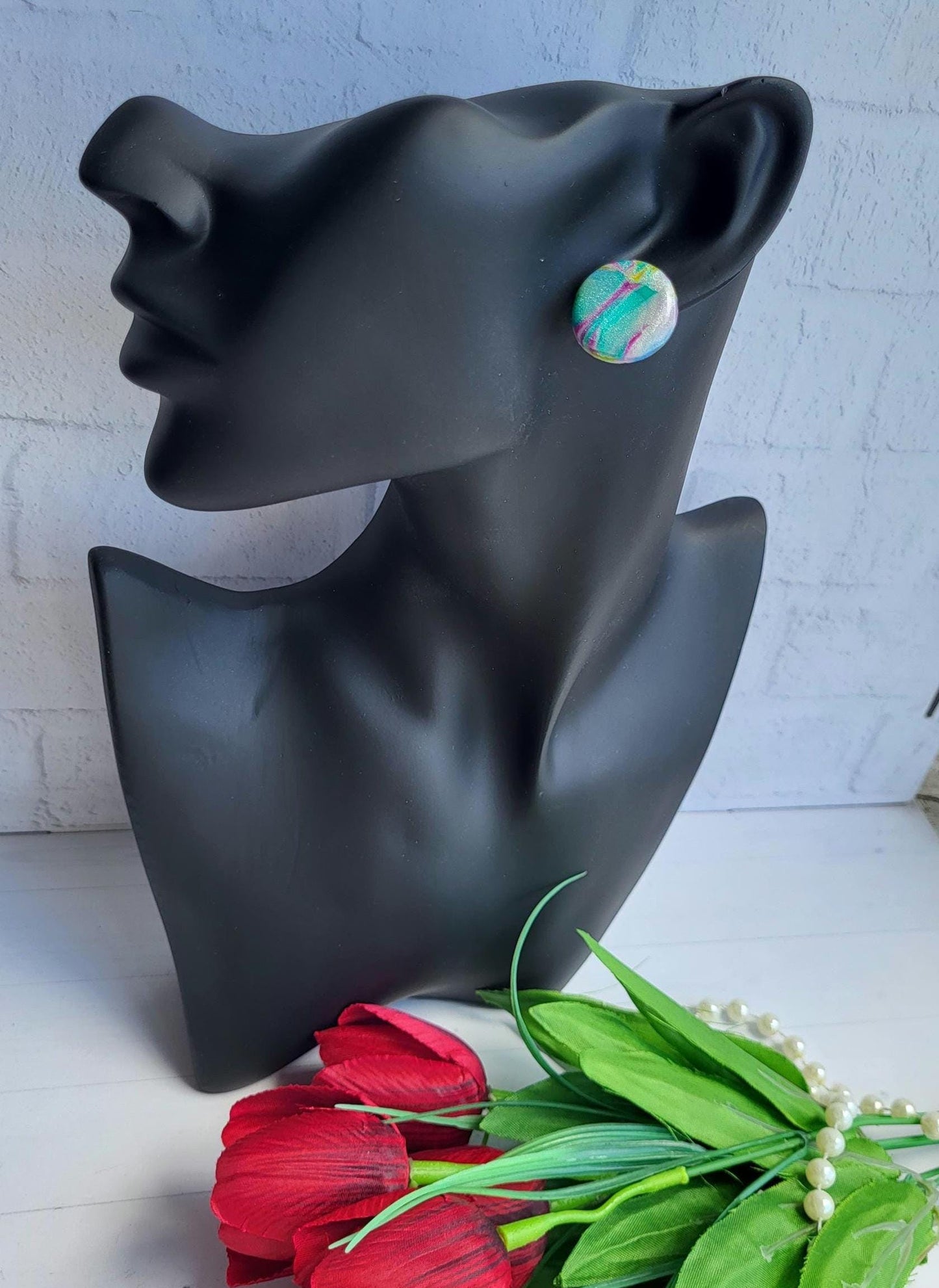 Artistic Small Earrings with Glossy Multicolor Design/Minimal Round Polymer Clay Earrings for Everyday Wear