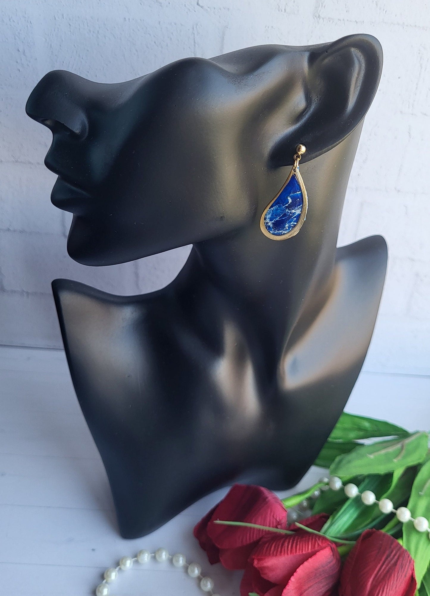 Elegant Teardrop Blue Polymer Clay Earrings/Marbled Blue and Gold Teardrop Dangle Earrings/Golden Frame and Blue Art Earrings