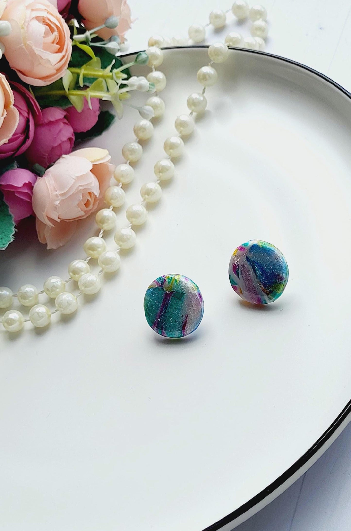 Artistic Small Earrings with Glossy Multicolor Design/Minimal Round Polymer Clay Earrings for Everyday Wear