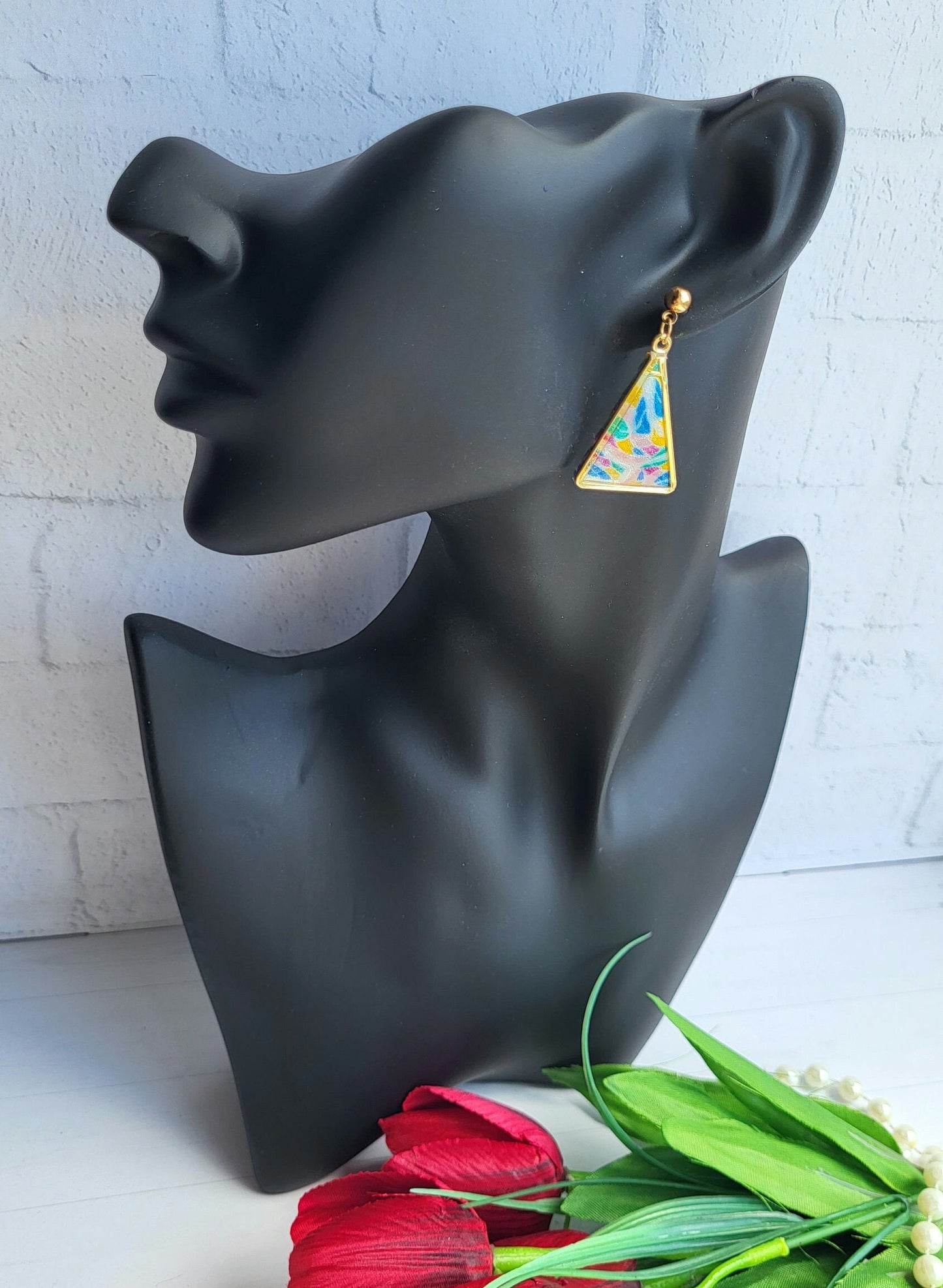 Colorful Handmade Triangle Polymer Clay Earrings with Gold Frame/Vibrant Geometric Polymer Clay Drop Earrings in Bold Colors/