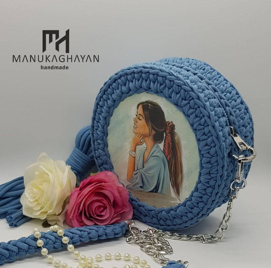 Handmade Blue Jeans Bag with Knitted Threads | Plastic Mural and Chain Handle Bag | Trendy Bag With One Pocket | Casual Fashion Bag
