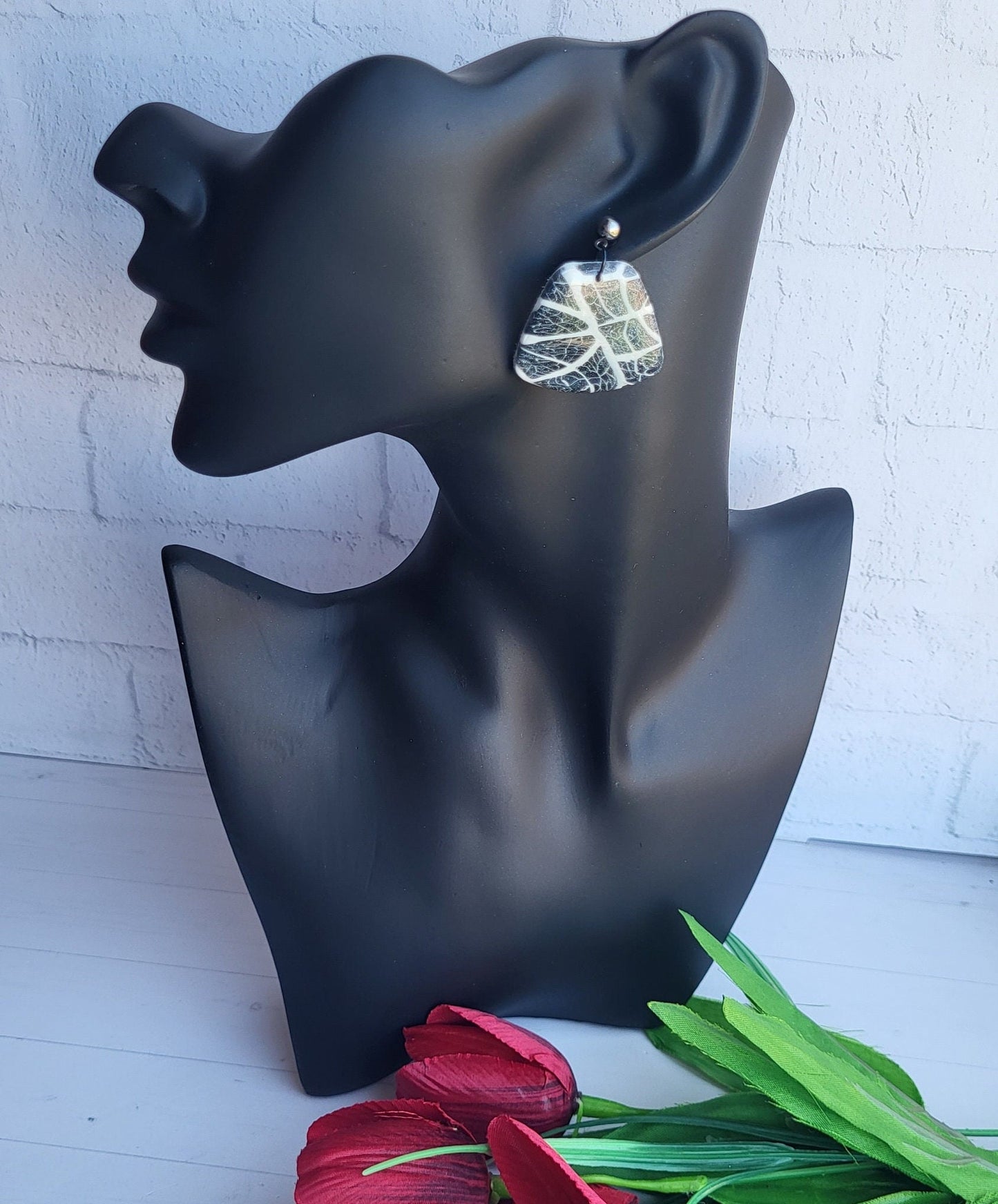 Black Leaf Pattern Polymer Clay Earrings/Geometric Statement Polymer Earrings/Contemporary Black Pattern Earrings