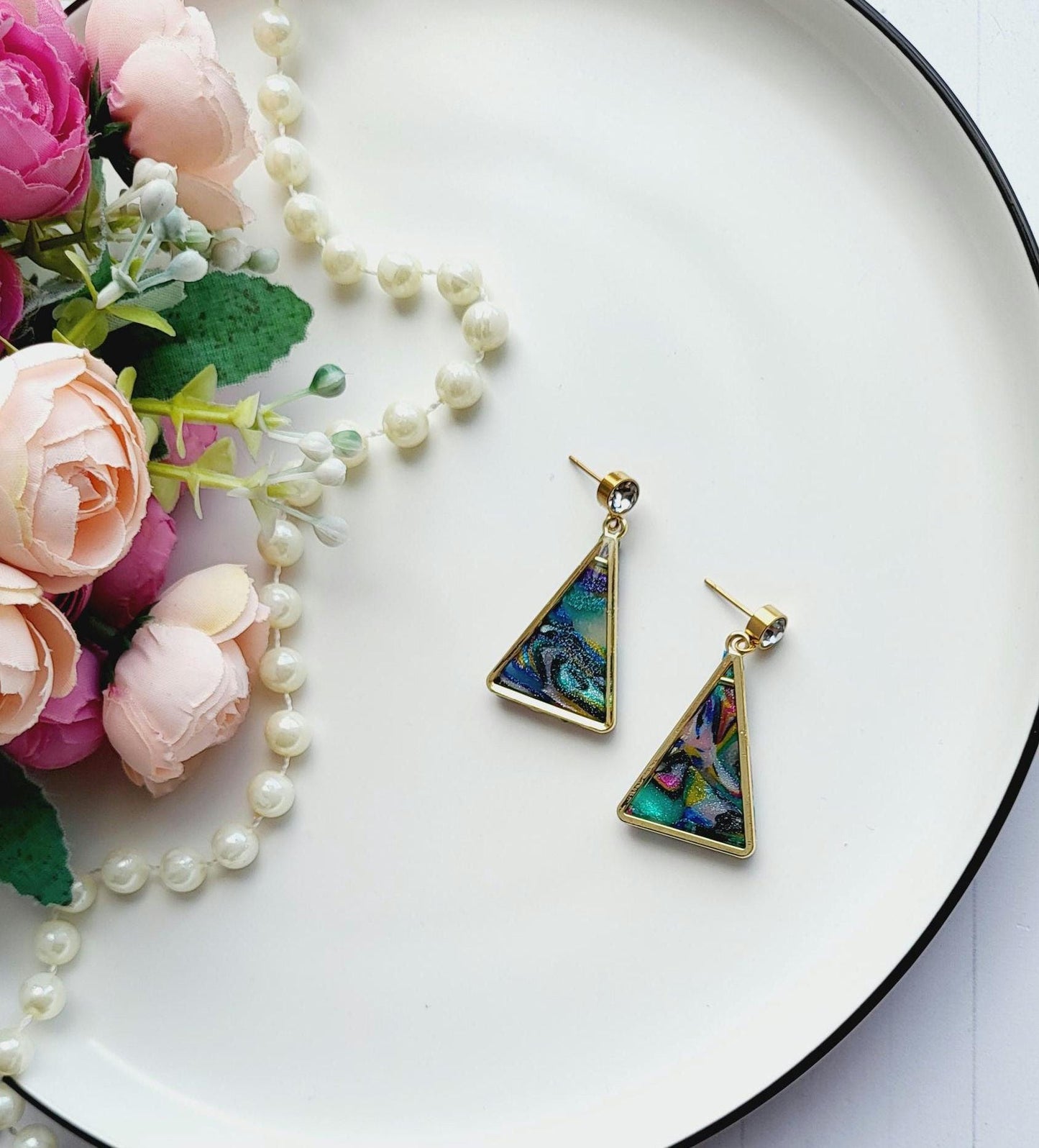 Triangle Geometric Dangle Polymer Clay Earrings | Blue Minimalist Earrings |  Bold Triangle Earrings | Handmade Jewelry | Statement Earrings