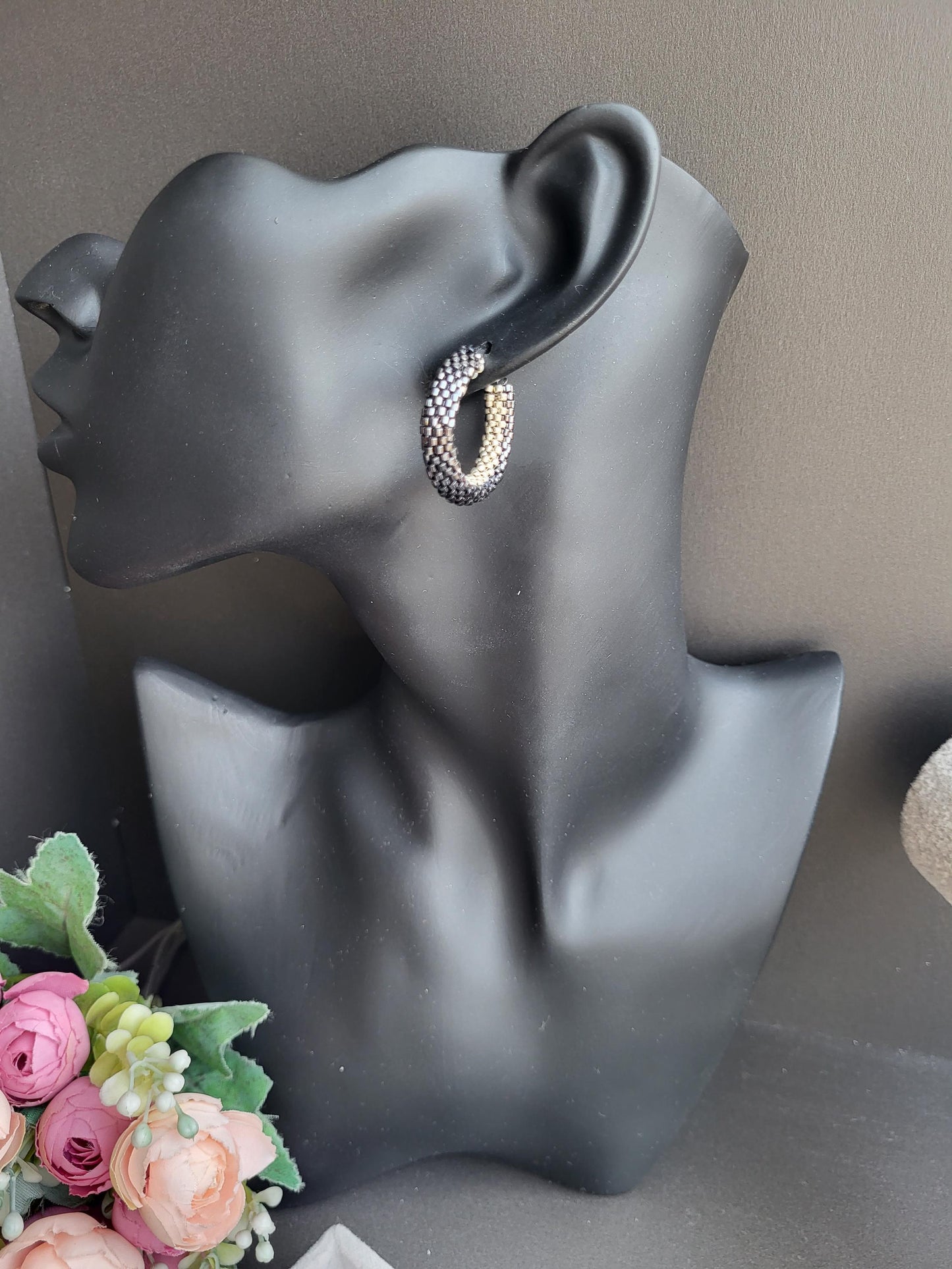 Elegant Two-Tone Miyuki Beaded Hoops/Handwoven Black and Silver Miyuki Hoop Earrings/Stylish Handcrafted Miyuki Earrings in Silver and Black